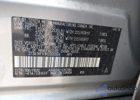 2019 Toyota Rav4 Le from USA, damaged, VIN 2T3G1RFV1KC005954